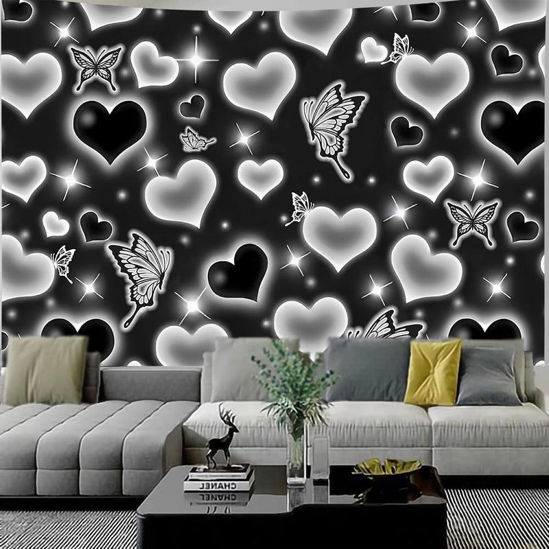 Cute Black and White Heart Tapestry Fantasy White Butterfly Aesthetic Tapestry Hippie 2000s Y2K Teen Girls Tapestries Wall Hanging for Women Bedroom Living Room Bedroom College Dorm