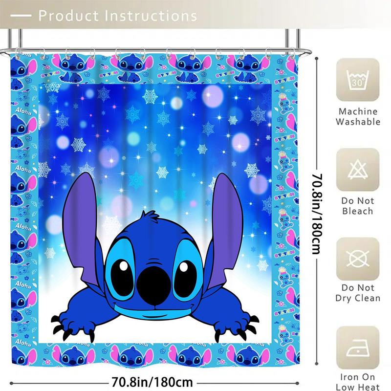 Cartoon Stitch Pattern Bathroom Curtain with 12 Hooks, 1 Count Waterproof Shower Curtain or 4 Counts set Curtain & Mat Set, Home Decor Supplies