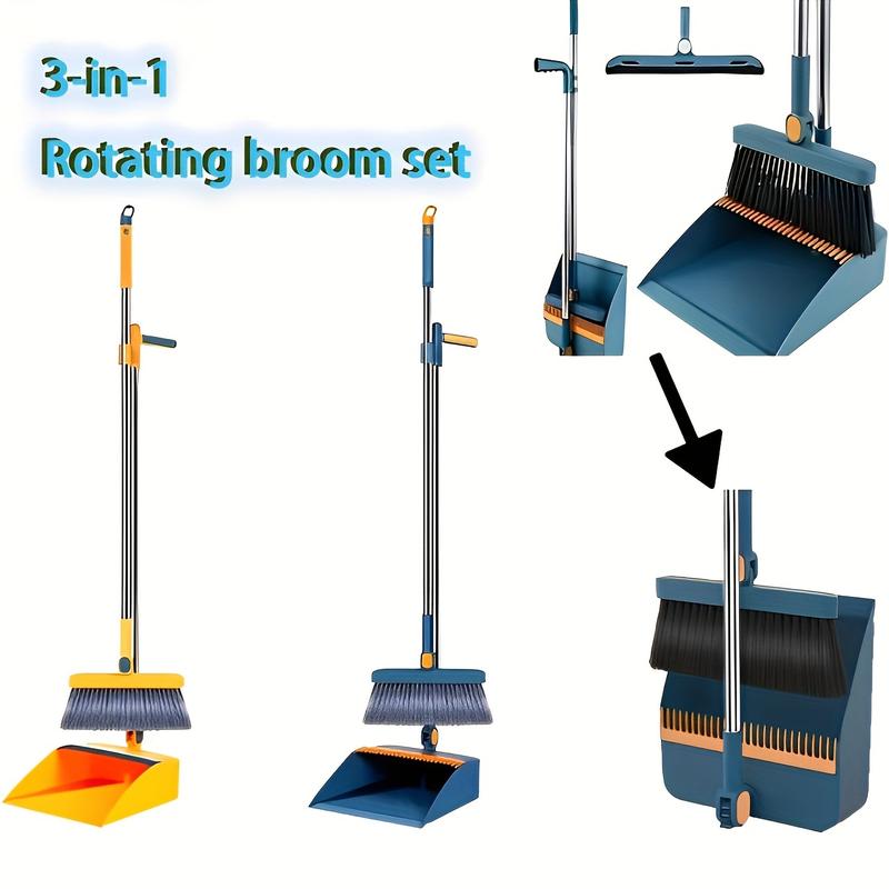 2-piece Set Brand New 3-in-1 Rotatable Foldable Magnetic Broom Dustpan Sweeping Set, Enlarged And Thickened Household Broom, Living Room, Bedroom Pet Hair Cleaning Broom, Non-stick Soft Bristle Blue orange white Broom