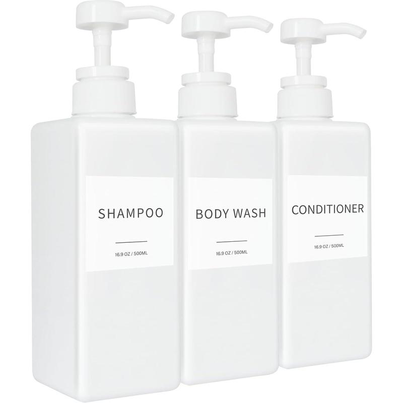 Shampoo and Conditioner Dispenser, Refillable Plastic Shampoo Pump Bottles with Waterproof Labels, Empty Body Wash Dispenser Set for Bathroom, Shower Soap Dispenser