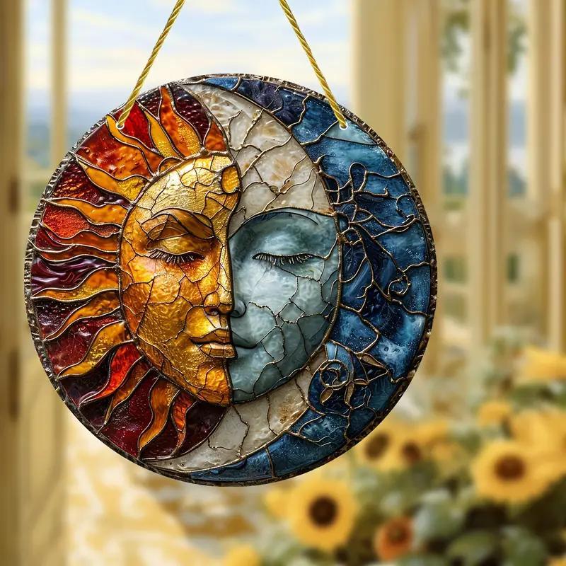 Sun & Moon Pattern Hanging Decor, Creative Round Hanging Ornament, Decorative Plaque for Home Garden Yard, Home Decor, Room Decor