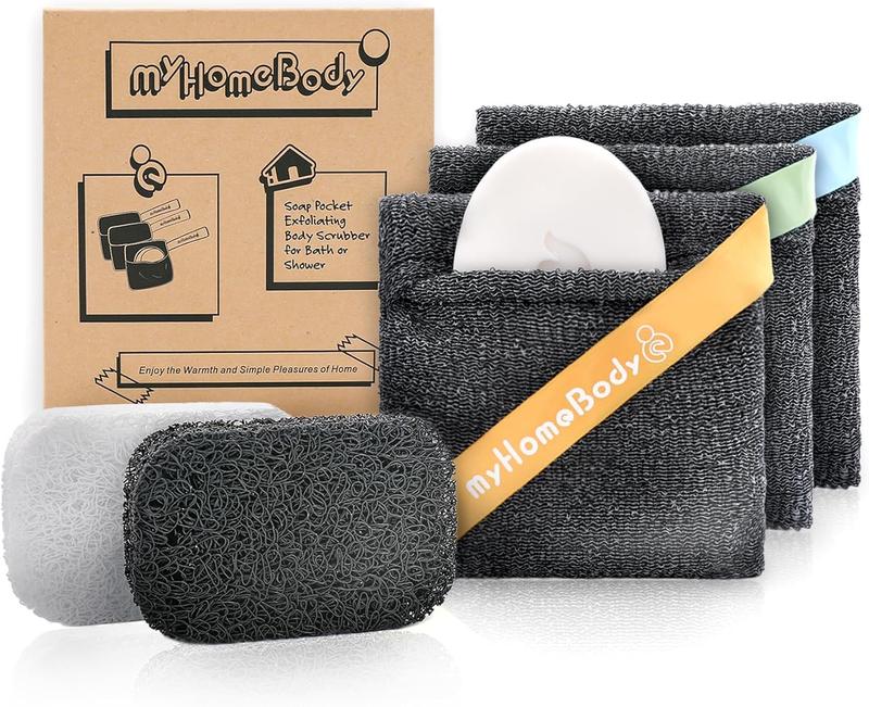 Soap Pocket Squares Exfoliating Soap Saver Pouch | Body Scrubber, Exfoliator Sponge for Bath or Shower | for 5oz Bar Soap or Leftover Bits | Graphite Gray, 3 Pack + 2 Soap Lifting Pads