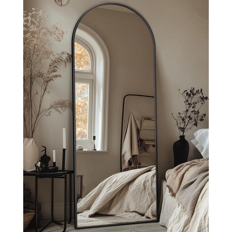 Full Length Mirror,Arched Full Body Mirror,Floor Mirror with Stand,Body Mirror Standing Hanging Leaning Against Wall,Aluminum Frame Large Mirror for Bedroom Cloakroom,Living Room,Black