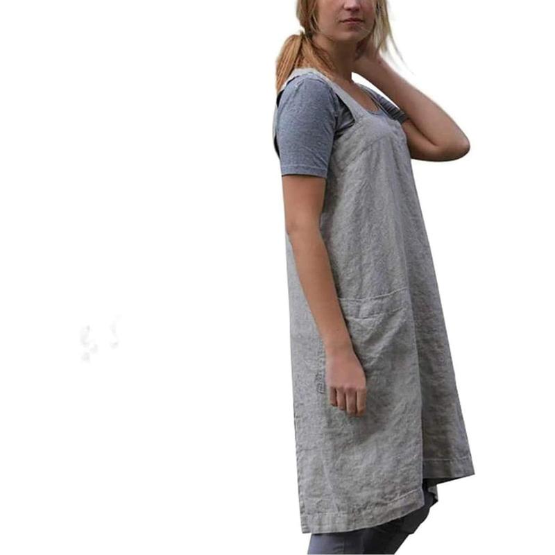 Cotton Linen Apron Cross Back Apron for Women with Pockets Pinafore Dress for Baking Cooking, Baby Blue Comfortable Gift