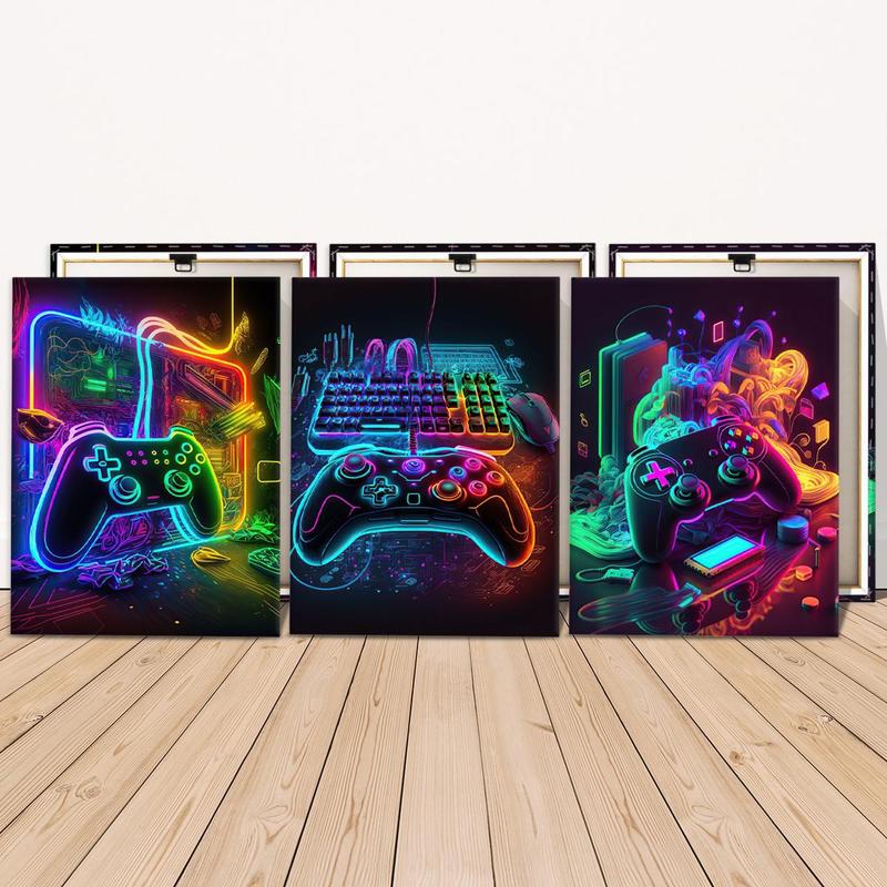 Modern Neon Gamepad Lightsaber Man Pattern Canvas Painting with Frame, 3 Counts set Modern Wall Art Painting, Wall Art Decor for Home Living Room Bedroom Office