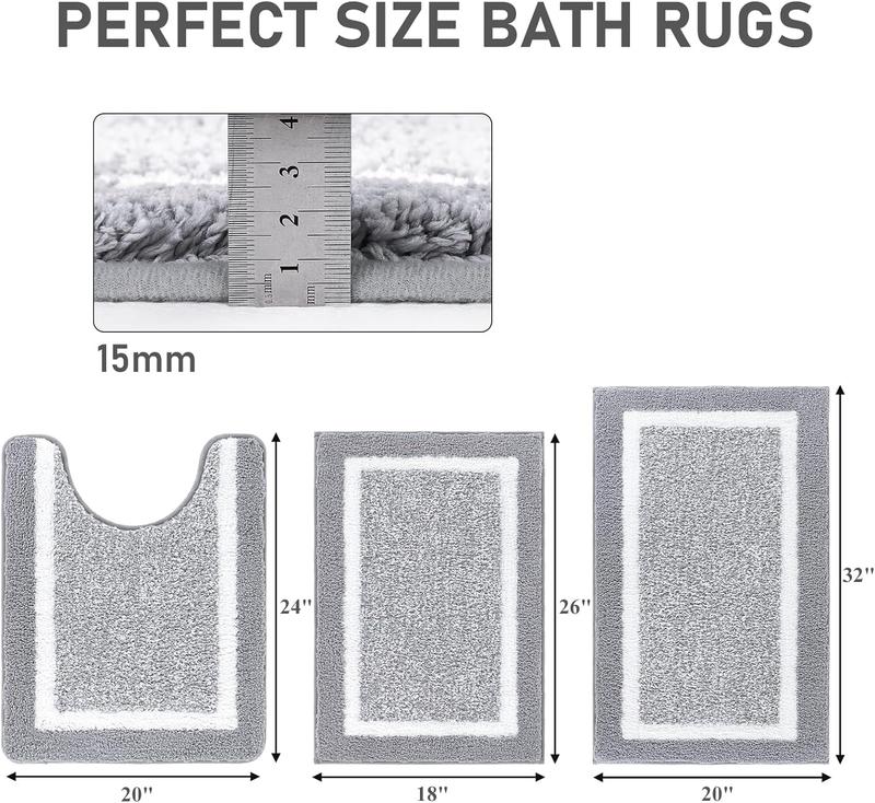 LOKHOM Bathroom Rug Sets - Non Slip & Absorbent Bath Mats - Soft Farmhouse Bathroom Set - Plush Shaggy Bath Mats Carpets - Includes U-Shaped Toilet Mat for Bathroom - Shower Absorbent Microfiber - 3 Pieces