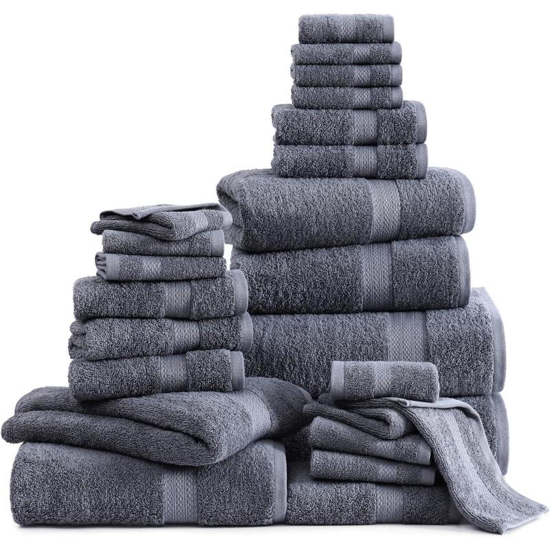 24 Piece Bath Towels Set - 100% Cotton Bathroom Towels, Absorbent Towels for Bathroom, 4 Large Bath Towels, 2 Bath Sheets, 6 Hand Towels, 8 Wash Cloths, 4 Fingertip Towels plain unisex