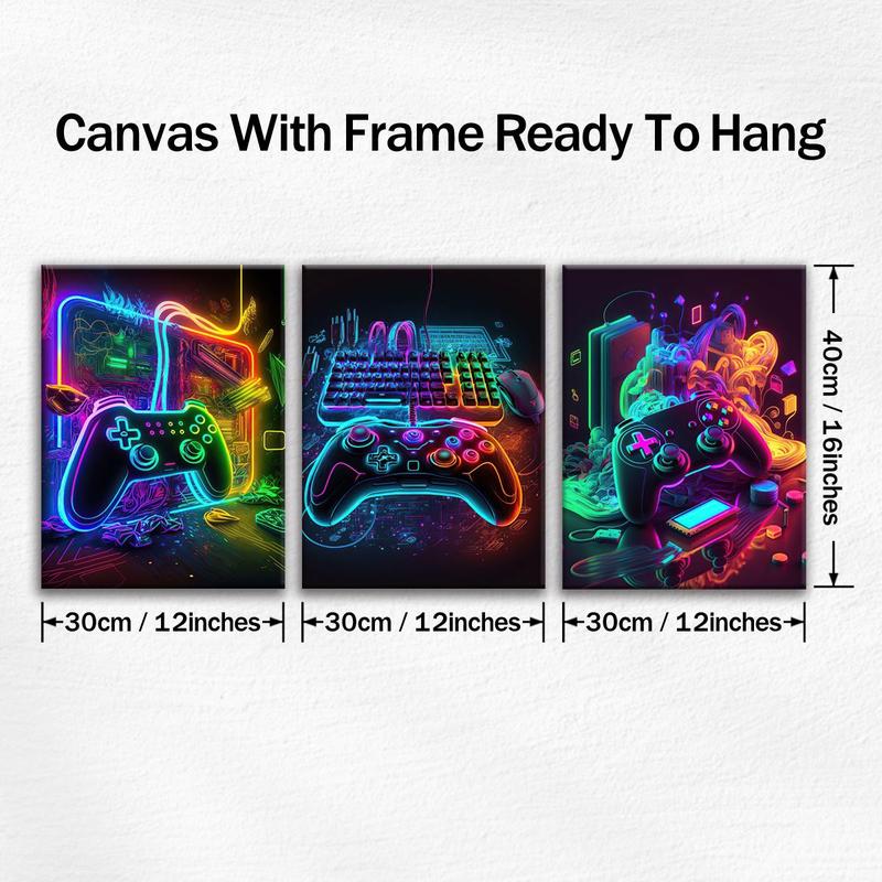 Modern Neon Gamepad Lightsaber Man Pattern Canvas Painting with Frame, 3 Counts set Modern Wall Art Painting, Wall Art Decor for Home Living Room Bedroom Office