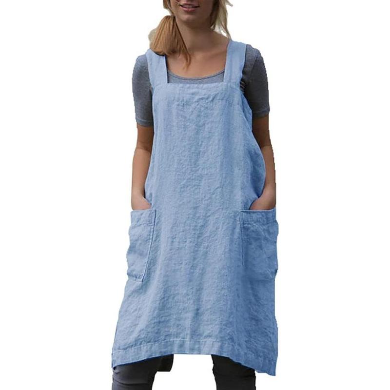 Cotton Linen Apron Cross Back Apron for Women with Pockets Pinafore Dress for Baking Cooking, Baby Blue Comfortable Gift