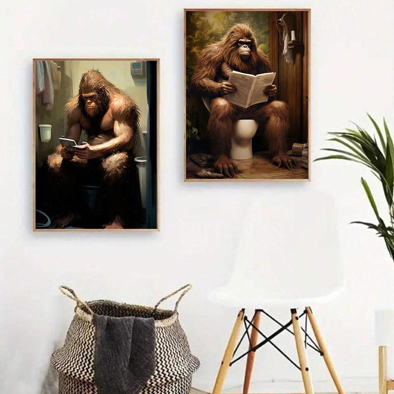 Sasquatch Reading Newspaper on Toilet Pattern Unframed Painting, 1 Count Modern Creative Wall Art Poster, Home Decor for Living Room Bedroom Office