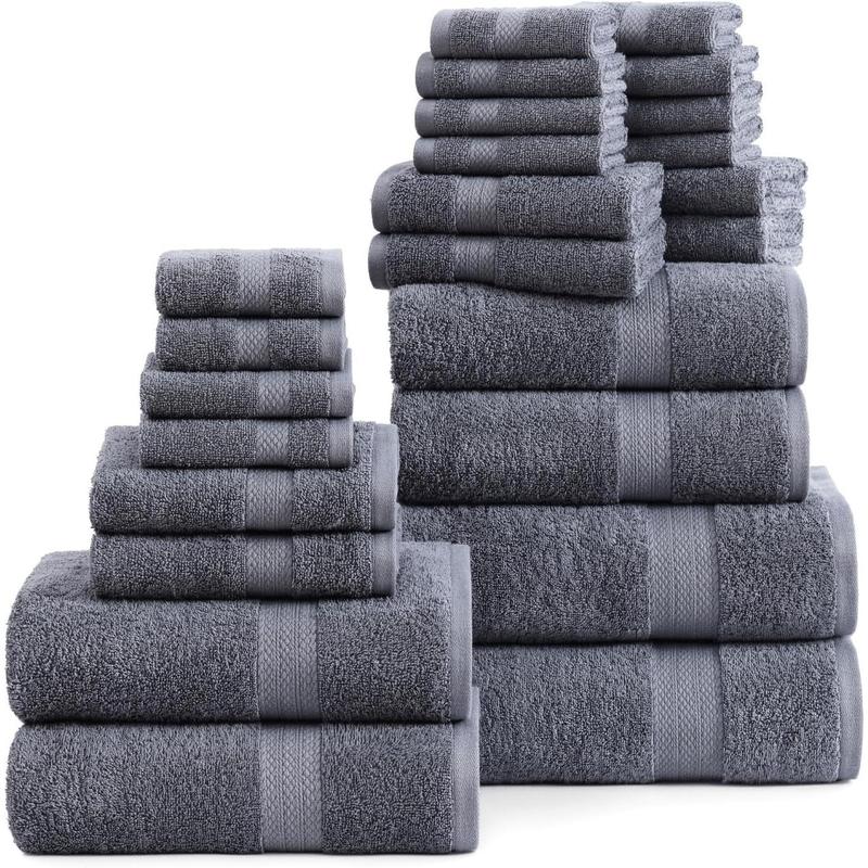 24 Piece Bath Towels Set - 100% Cotton Bathroom Towels, Absorbent Towels for Bathroom, 4 Large Bath Towels, 2 Bath Sheets, 6 Hand Towels, 8 Wash Cloths, 4 Fingertip Towels plain unisex