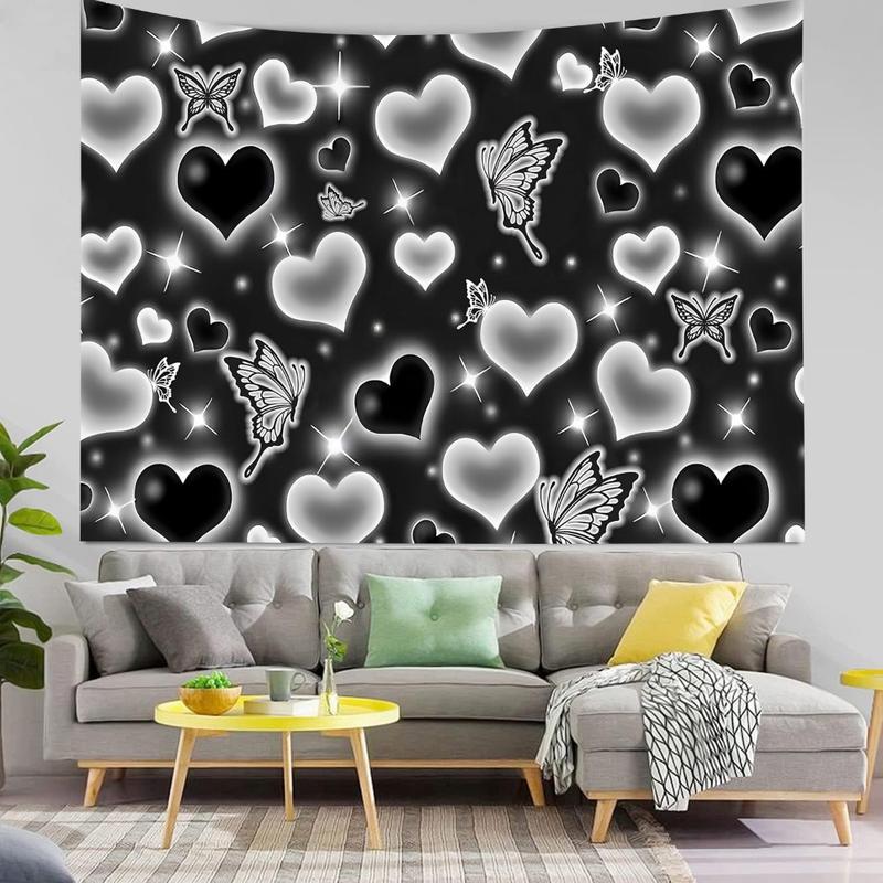 Cute Black and White Heart Tapestry Fantasy White Butterfly Aesthetic Tapestry Hippie 2000s Y2K Teen Girls Tapestries Wall Hanging for Women Bedroom Living Room Bedroom College Dorm