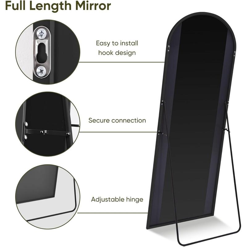 Full Length Mirror,Arched Full Body Mirror,Floor Mirror with Stand,Body Mirror Standing Hanging Leaning Against Wall,Aluminum Frame Large Mirror for Bedroom Cloakroom,Living Room,Black