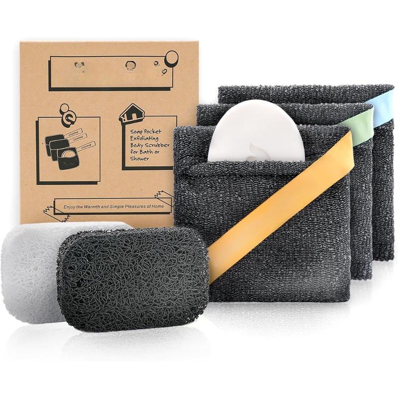 Soap Pocket Squares Exfoliating Soap Saver Pouch | Body Scrubber, Exfoliator Sponge for Bath or Shower | for 5oz Bar Soap or Leftover Bits | Graphite Gray, 3 Pack + 2 Soap Lifting Pads