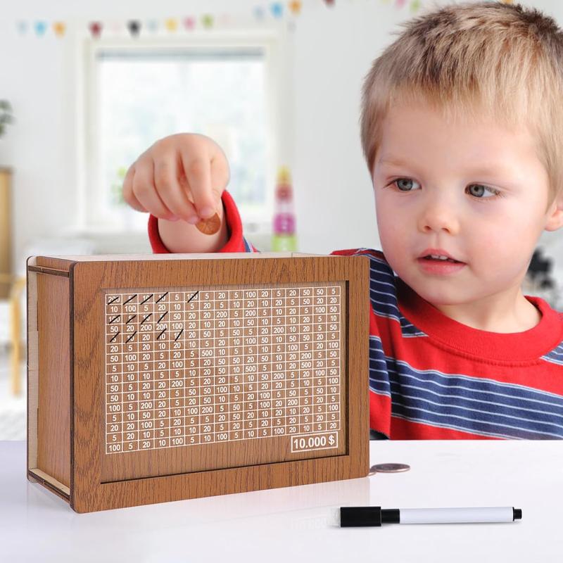 Cash Vault Wooden Savings Box,Wooden Cash Saver Money Box,Wooden Piggy Bank Coin Bank with Counting Target,Wooden Coin Bank for Boys and Girls