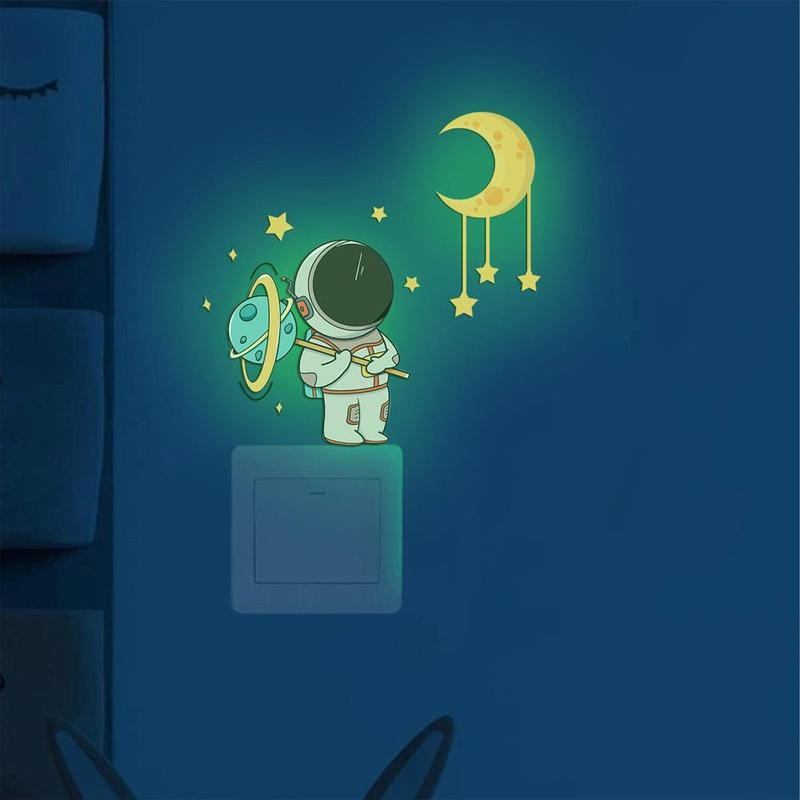 Luminous Sticker, 1 Count Glow in The Dark Astronaut Switch Sticker, Cartoon Moon Star Self Adhesive Wall Sticker, Decorative Wall Decal, Room Decor, Home Decor