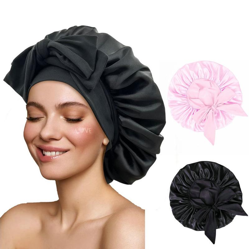 2Pcs Satin Bonnet Silk Bonnet Hair Bonnet for Sleeping Large Bonnets with Tie Band Hair Bonnets with Adjustable Straps .Women Curly Braid Hair Shower