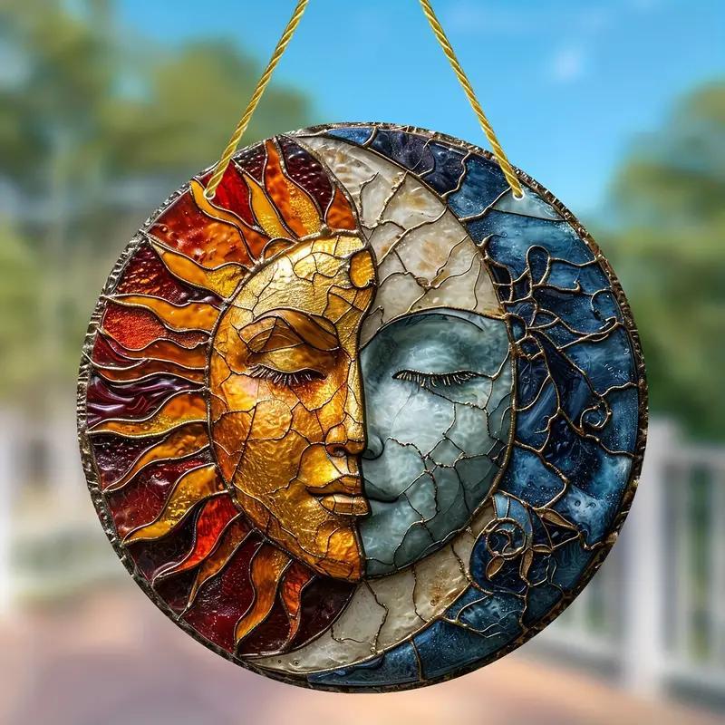 Sun & Moon Pattern Hanging Decor, Creative Round Hanging Ornament, Decorative Plaque for Home Garden Yard, Home Decor, Room Decor