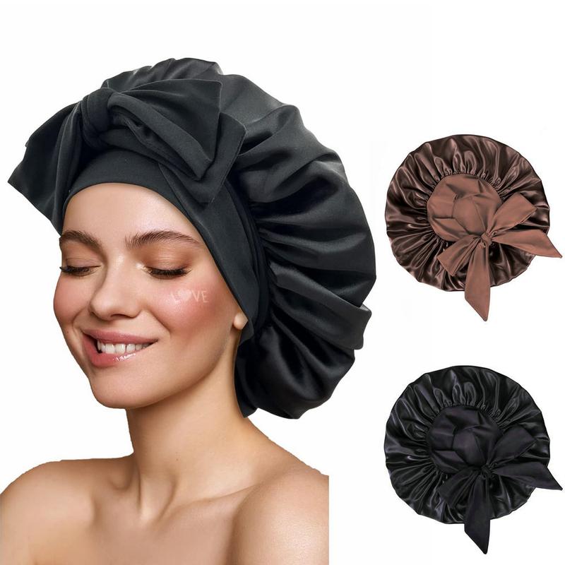 2Pcs Satin Bonnet Silk Bonnet Hair Bonnet for Sleeping Large Bonnets with Tie Band Hair Bonnets with Adjustable Straps .Women Curly Braid Hair Shower