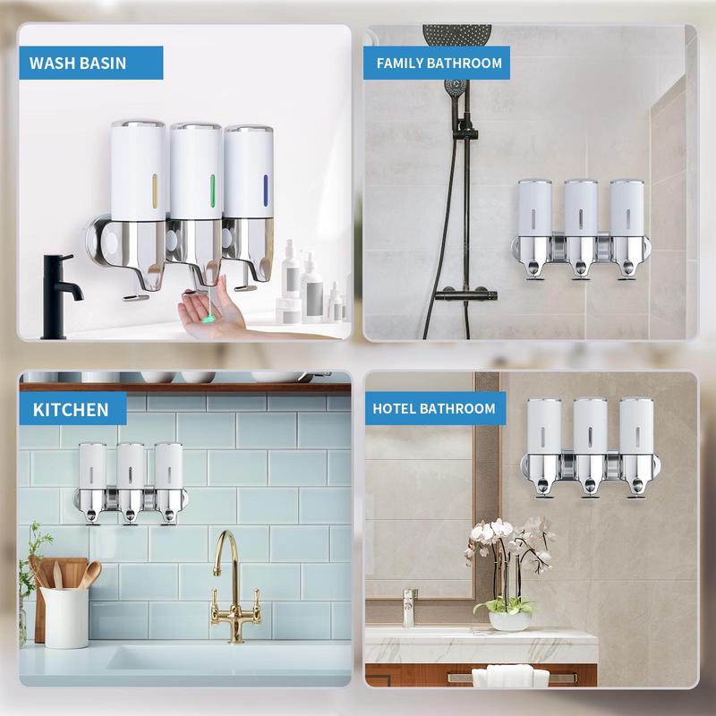 3 in 1 Wall Mounted Soap Dispenser, Shampoo and Conditioner Dispenser, Soap Dispenser for Bathroom, Kitchen and Hotel