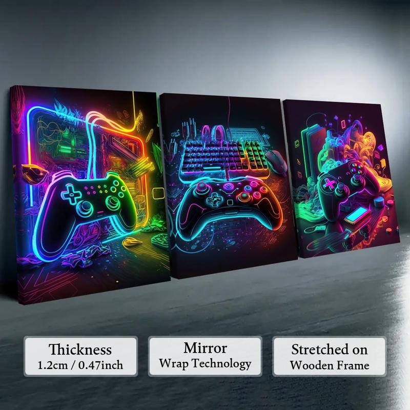 Modern Neon Gamepad Lightsaber Man Pattern Canvas Painting with Frame, 3 Counts set Modern Wall Art Painting, Wall Art Decor for Home Living Room Bedroom Office