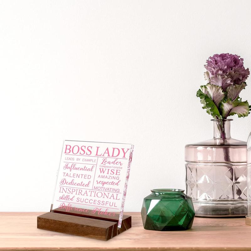 Boss Lady Gift for Women  Boss Lady Sign Office Decor with  Base Boss Lady Plaque Boss Inspirational Christmas Gift with Quotes Appreciation Keepsake for Birthday Festive(Pink)