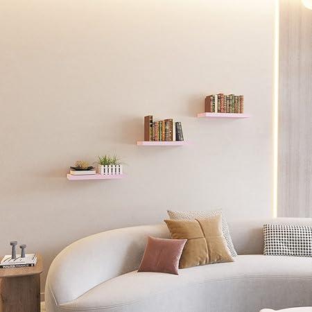 Pink Floating Shelves Wall Shelf Solid Wood for Bathroom Bedroom Kitchen Wall Decor Set of 3, Pink Wall Shelves