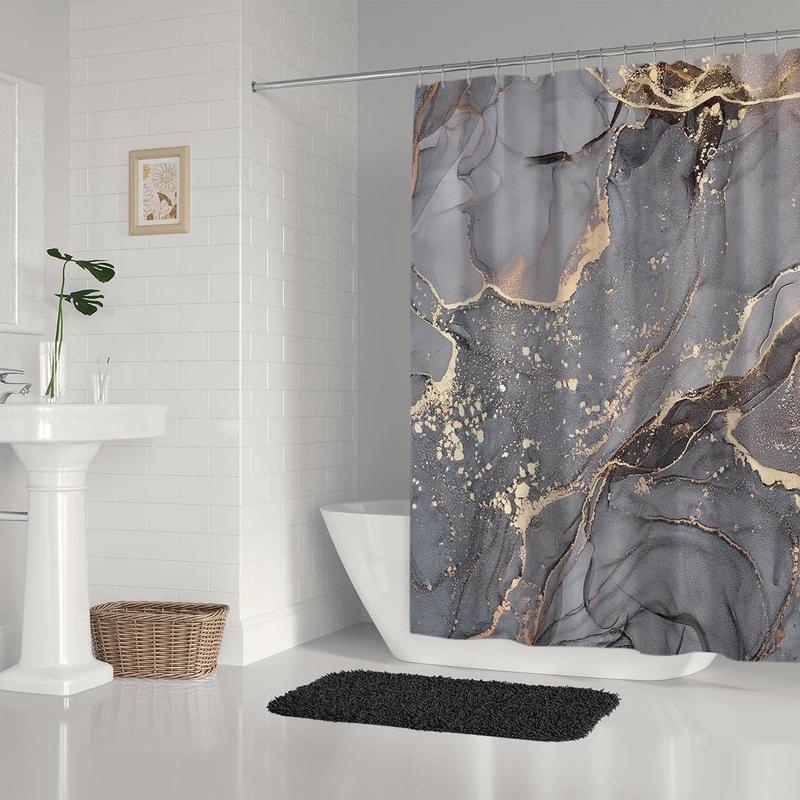 Marble Pattern Shower Curtain with Hooks, 1 Count Waterproof Mould Proof Bathroom Curtain, Bathroom Decoration Accessories