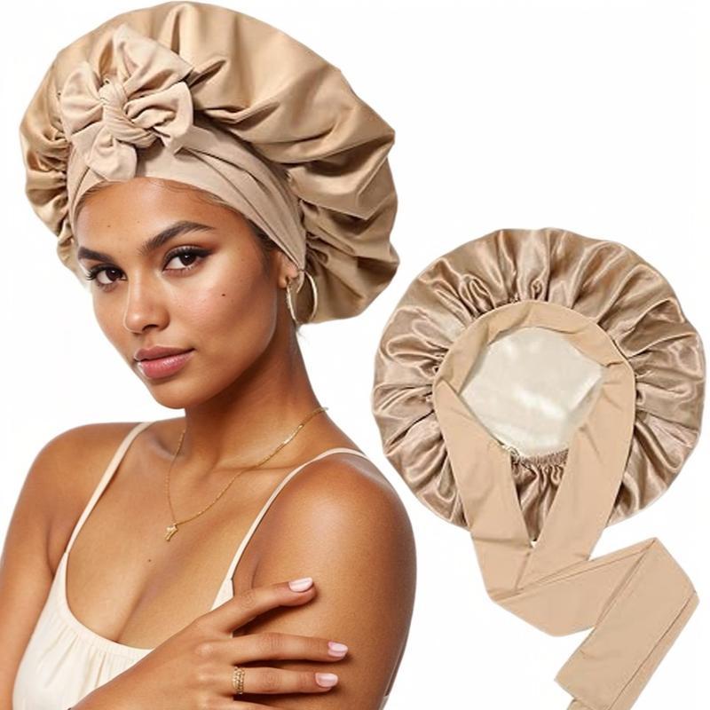 Silk Satin Hair Bonnet for Women - Night Sleep Cap with Scarf Wrap and Tie Band - Shower Cover Crochet