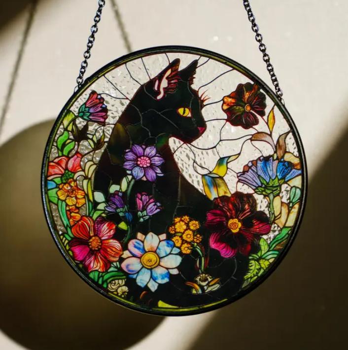 Cat Flower Glass Suncatcher, Black Cat Glass Art, Tabby Cat Window Hangings, Cat Lover Gift, Cat Wall Hanging, Gift for Cat Lovers