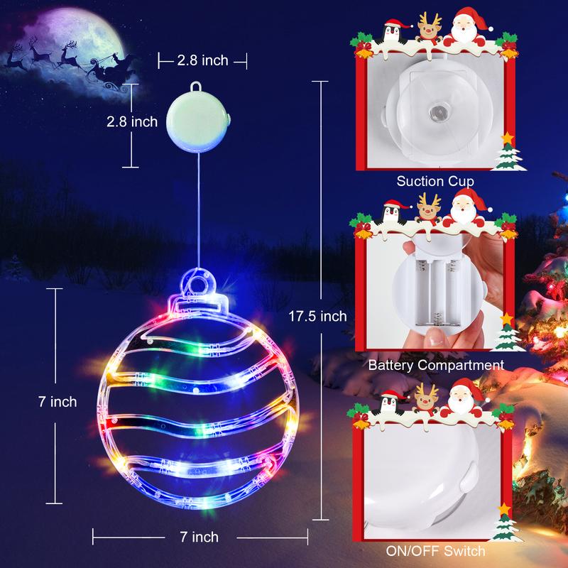 LOLStar Christmas Window Lights, 3 Pack Multicolor Christmas Ball, Holly Berry, CandyCane Lights With Suction Cup, Timer Function And Slow Fade Mode Battery OperatedLights For Christmas Decoration