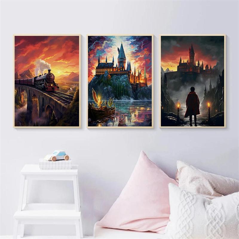 Castle & Train Pattern Wall Art, 3 Counts Mystical Landscape Pattern Canvas Painting without Frame, Wall Art for Home Living Room Bedroom Decor