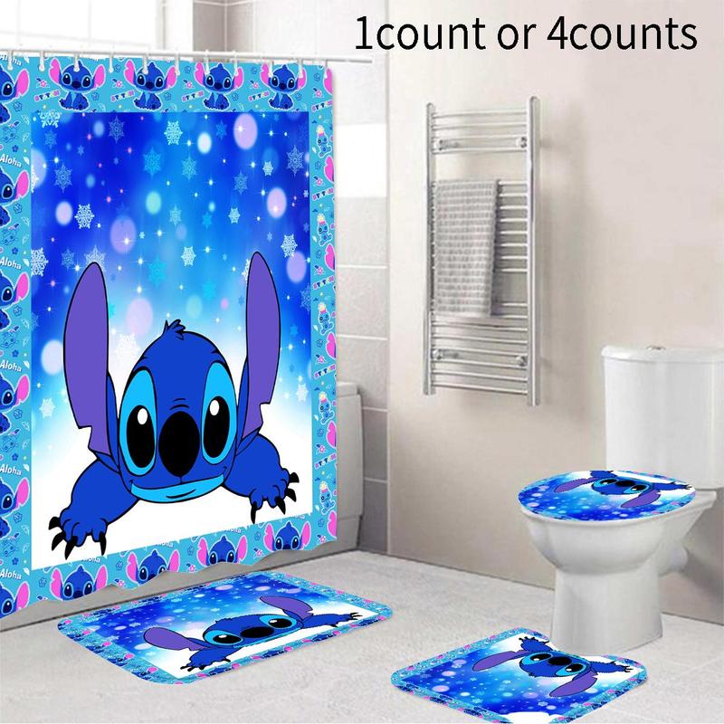 Cartoon Stitch Pattern Bathroom Curtain with 12 Hooks, 1 Count Waterproof Shower Curtain or 4 Counts set Curtain & Mat Set, Home Decor Supplies