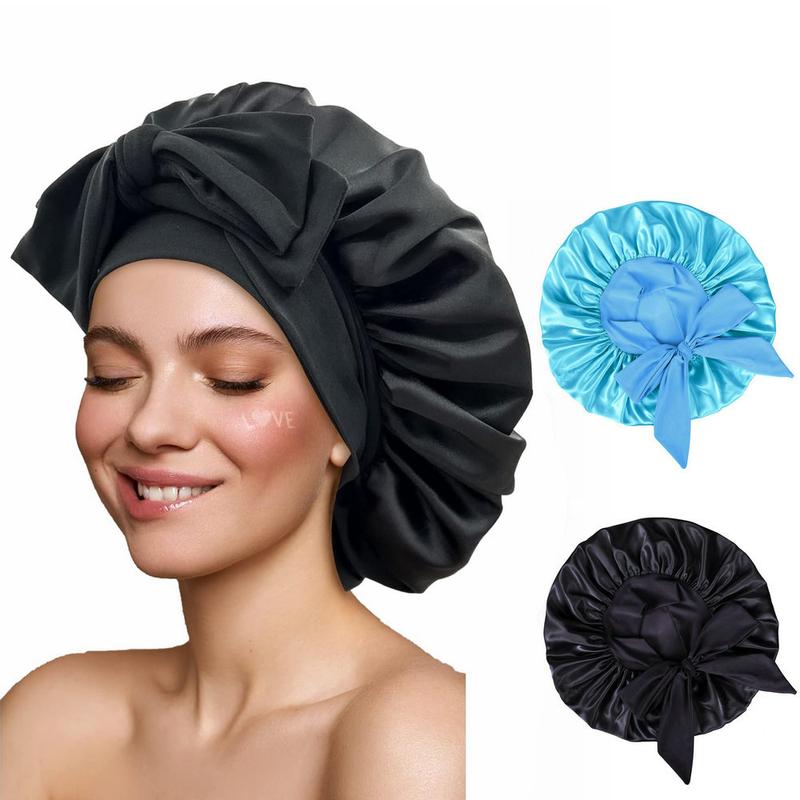 2Pcs Satin Bonnet Silk Bonnet Hair Bonnet for Sleeping Large Bonnets with Tie Band Hair Bonnets with Adjustable Straps .Women Curly Braid Hair Shower