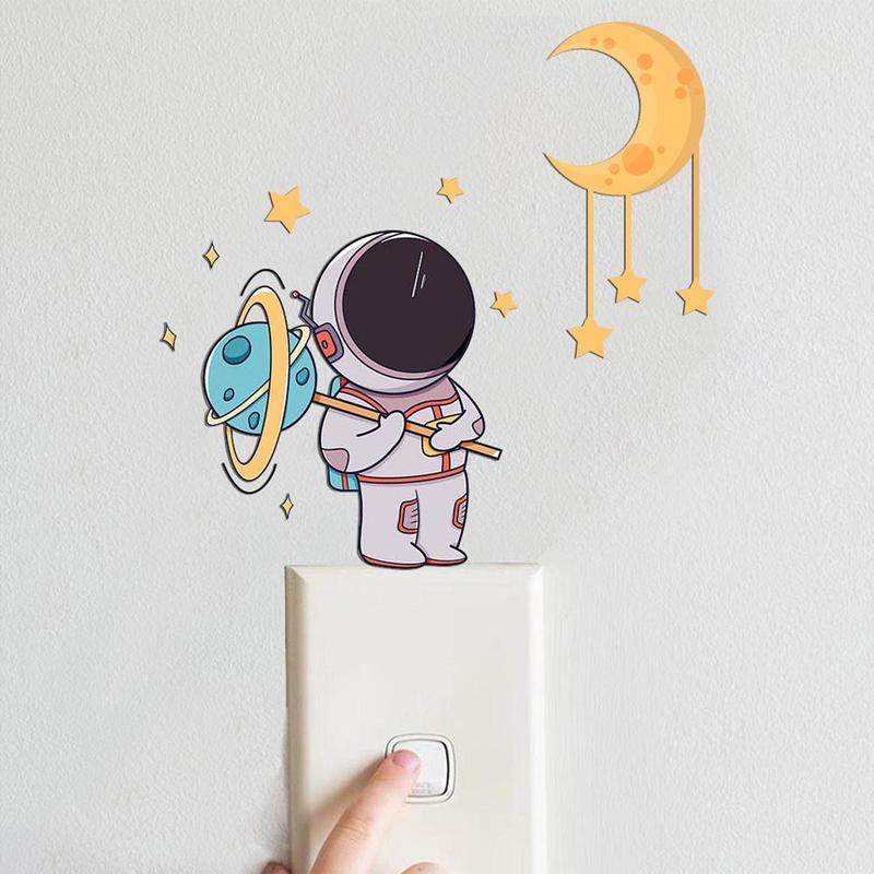 Luminous Sticker, 1 Count Glow in The Dark Astronaut Switch Sticker, Cartoon Moon Star Self Adhesive Wall Sticker, Decorative Wall Decal, Room Decor, Home Decor