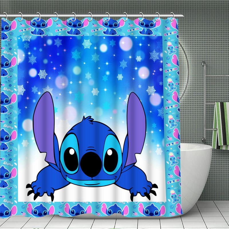 Cartoon Stitch Pattern Bathroom Curtain with 12 Hooks, 1 Count Waterproof Shower Curtain or 4 Counts set Curtain & Mat Set, Home Decor Supplies