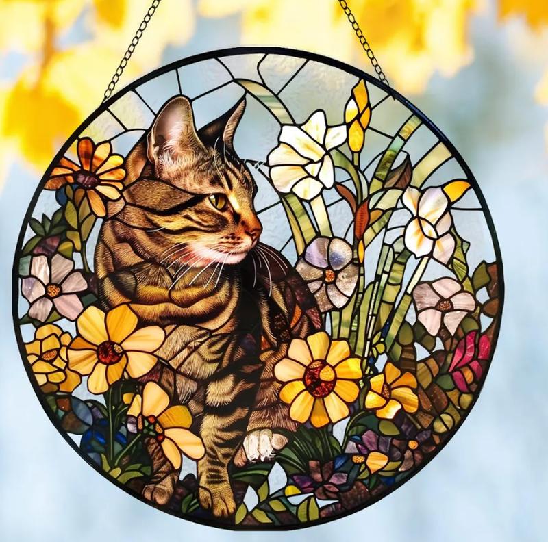 Cat Flower Glass Suncatcher, Black Cat Glass Art, Tabby Cat Window Hangings, Cat Lover Gift, Cat Wall Hanging, Gift for Cat Lovers