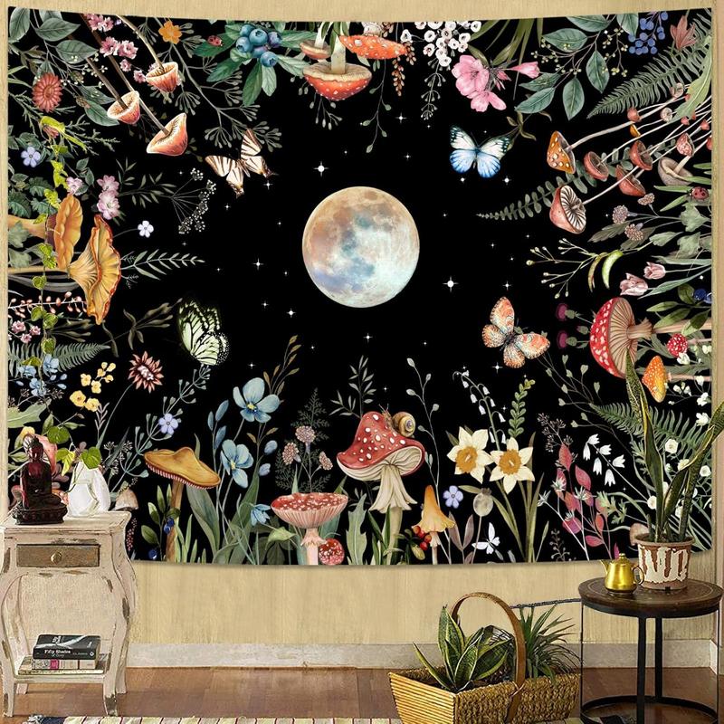 Moon Garden Tapestry Moonlit Green Plant Botanical Mushroom Flowers Tapestry Wall Hanging Black Nature Floral Butterfly Aesthetic Tapestries for Bedroom Dorm Living Room (48'' × 36'')