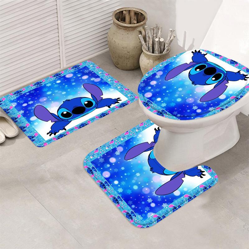 Cartoon Stitch Pattern Bathroom Curtain with 12 Hooks, 1 Count Waterproof Shower Curtain or 4 Counts set Curtain & Mat Set, Home Decor Supplies