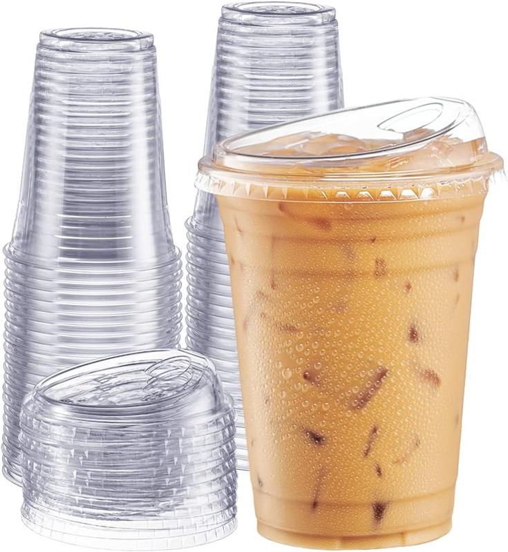 [100 Sets 16 oz. Crystal Clear Plastic Cups With Strawless Sip-Lids