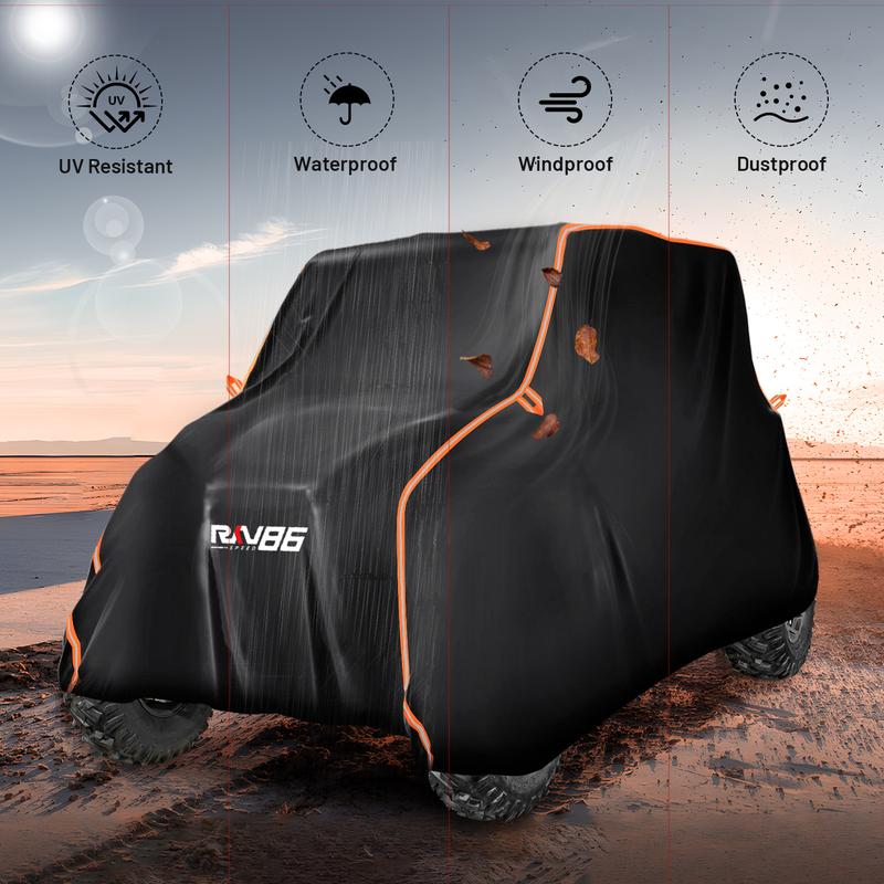 RKV86 UTV Cover, All-Weather Protection UTV Cover Two Seater Compatible with Can Am Defender Polaris Ranger Commander Rhino Pioneer Kawasaki Mule Teryx 2-3 Seaters Large 157”x65”x76.77” & 214”x63.2”x78” wind protection