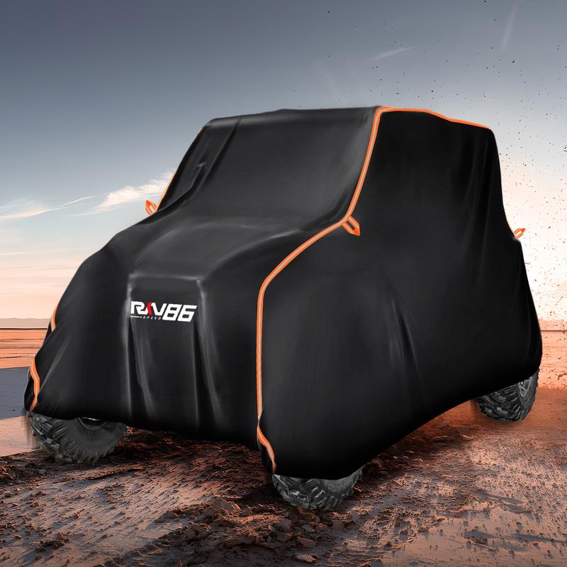 RKV86 UTV Cover, All-Weather Protection UTV Cover Two Seater Compatible with Can Am Defender Polaris Ranger Commander Rhino Pioneer Kawasaki Mule Teryx 2-3 Seaters Large 157”x65”x76.77” & 214”x63.2”x78” wind protection