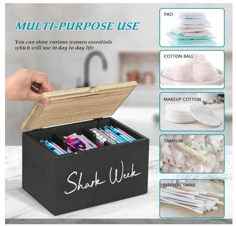 Tampon Holder for Bathroom with Lid, Shark Week Tampon Storage Pad Organizer for Bathroom, Farmhouse Tampon and Pad Storage Container Countertop, Feminine Products Caddy, Bathroom Decor Box