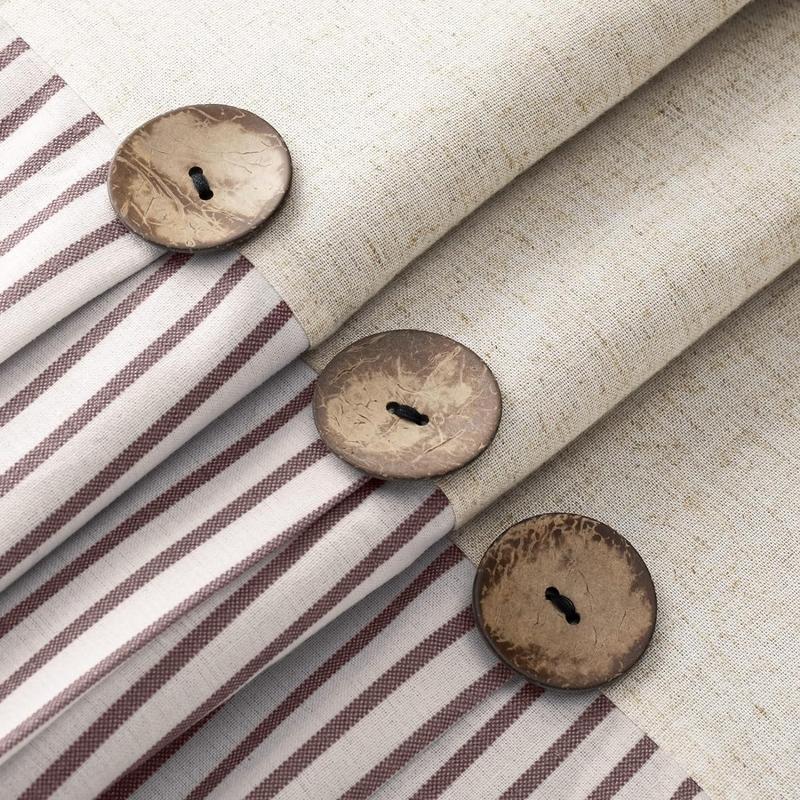 Linen Button Farmhouse Beige Shower Curtain,Linen and Cotton Woven Fabric,Pleated Brown Stripe,Country Style,72x72 Inch