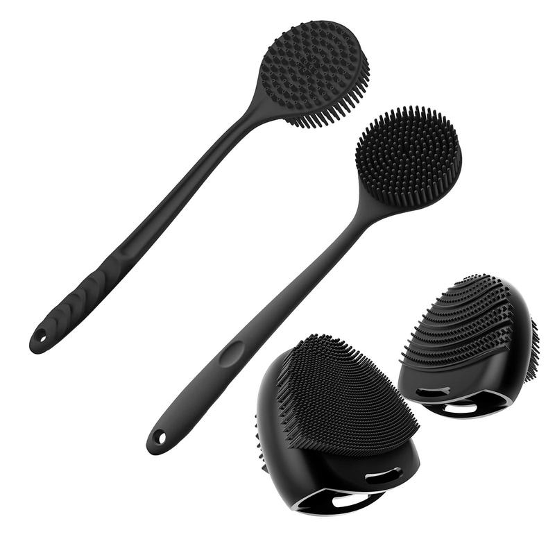 Silicone Double-sided Bath Brush & Finger Gloves Set, 2 Counts set Portable Long Handle Back Scrubber & Face Care Finger Gloves, Bathing Accessories for Home Bathroom Salon Hotel Dormitory Travel