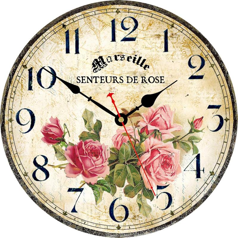 Home Wall Clock 14 Inch Wooden  Operated Wall Clocks Decorative Indoor Wall Clocks Vintage  Floral Wall Clock (Pink Roses)