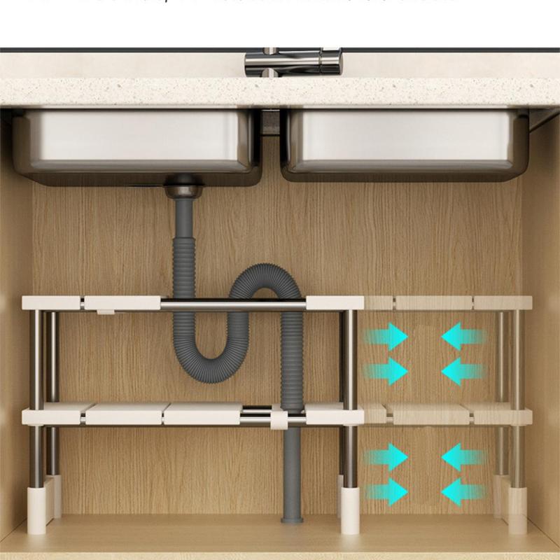 Expandable Kitchen Storage Shelf, 1 Count Under Sink Shelf Rack, Stackable Stainless Steel Pipe Support, Kitchen Organizer, Storage Rack, Multipurpose Organization Cabinet