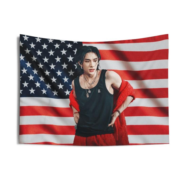 Skz Hyunjin Flag Banner, Stray Kids Hyunjin American Flag Tapestry, Hyunjin Merch, Kpop flag, Gift Idea for SKZ Hyunjin Kpop Fan, kpop merch