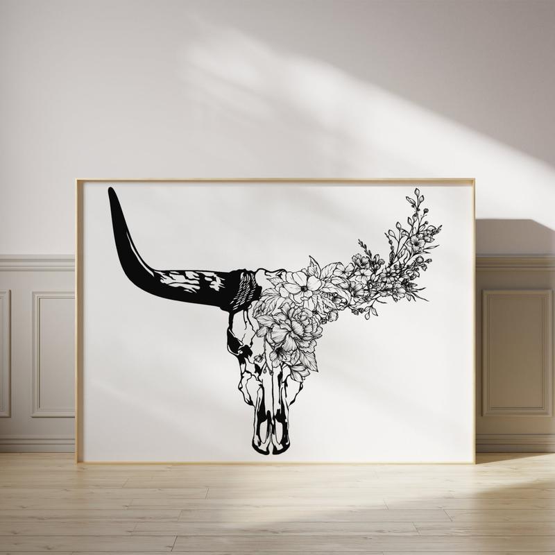 Longhorn Bull Skull Print | Horizontal Cow Skull with Flowers Poster No Frame | Southwestern Art | Western Desert House Decor