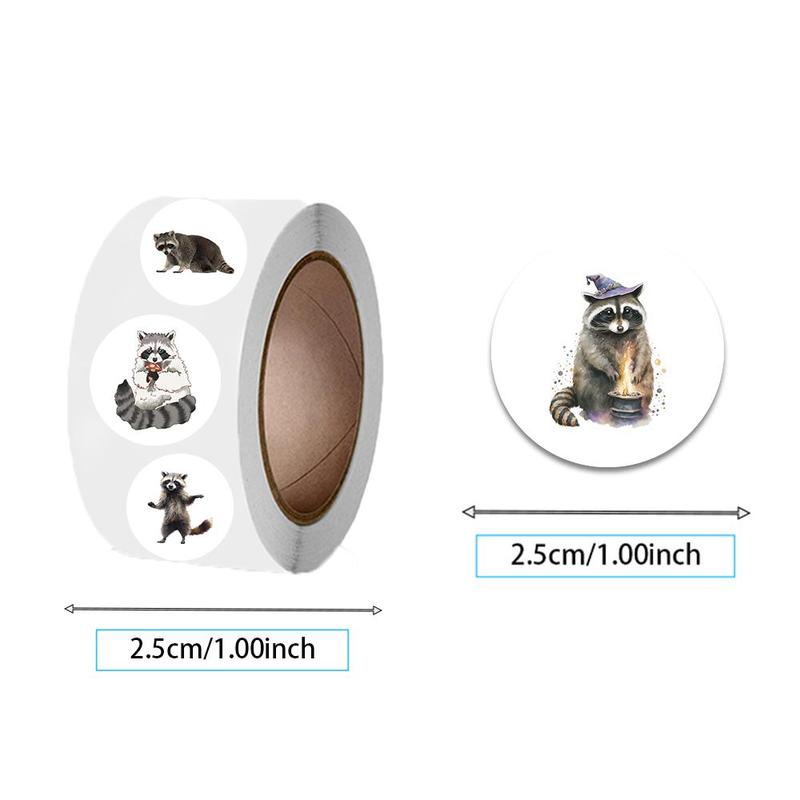 Raccoon Pattern Round Sticker (500pcs roll), Cute Animal Pattern Decorative Sticker, Decorative Label for Water Bottle & Phone Case & Envelope Sealing